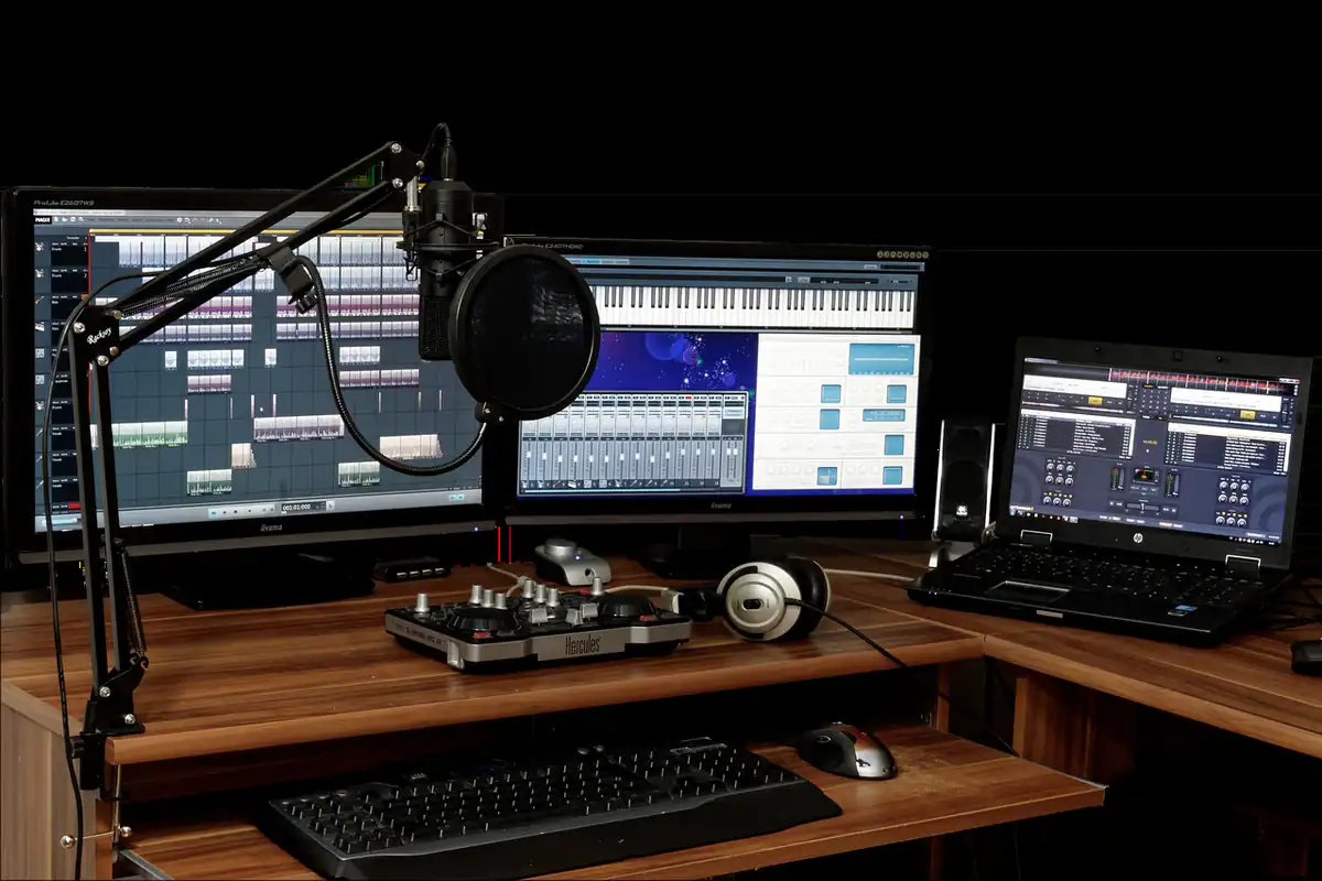 Căști de studio așezate pe o masă de mixaj, lângă echipamente audio profesionale