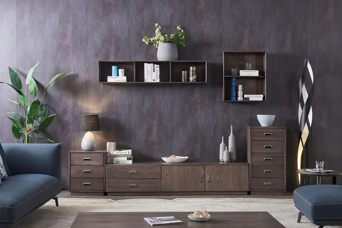Dulap de televizor cu rafturi și plante decorative, într-un living modern