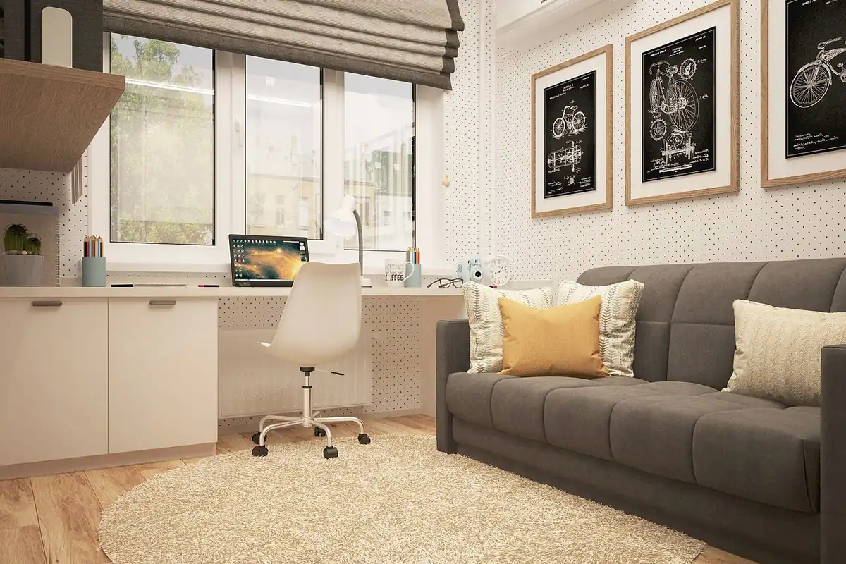 Living de apartament închiriat cu o lampă lângă mobilier, fără intervenții în pereți