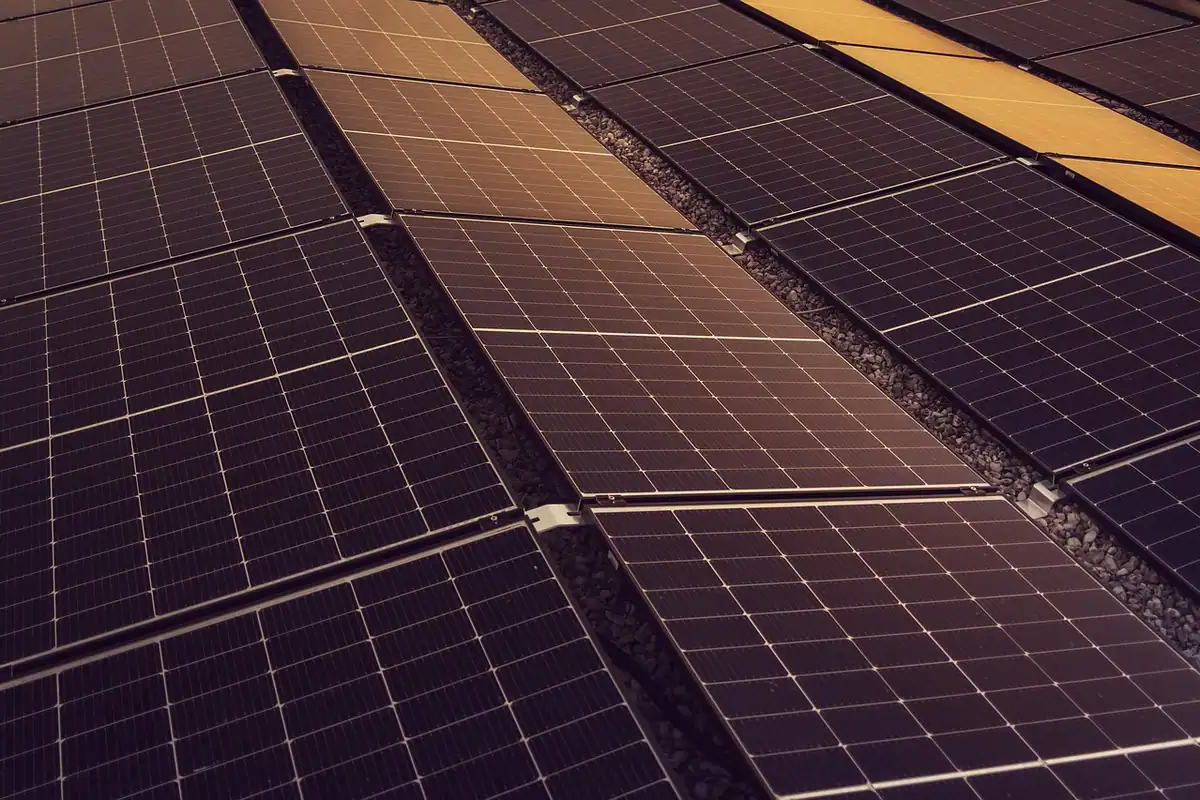 Panouri solare albastre, văzute din apropiere, aliniate pe un acoperiș
